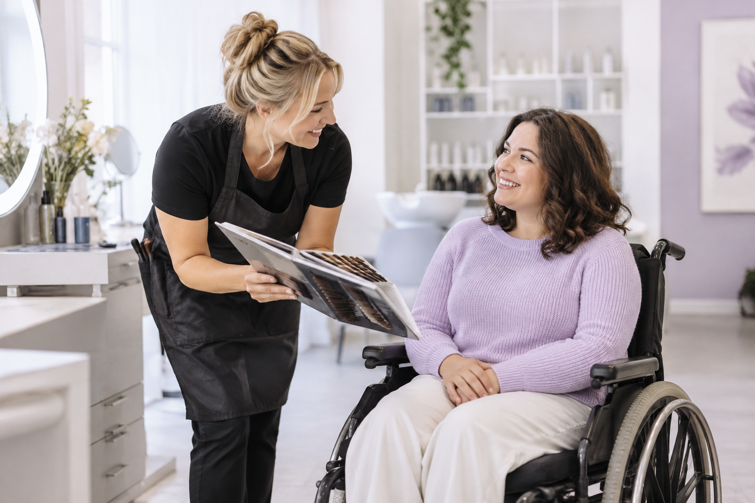 A professional hairstylist leaning down to talk eye-to-eye with a client in a wheelchair, both smili