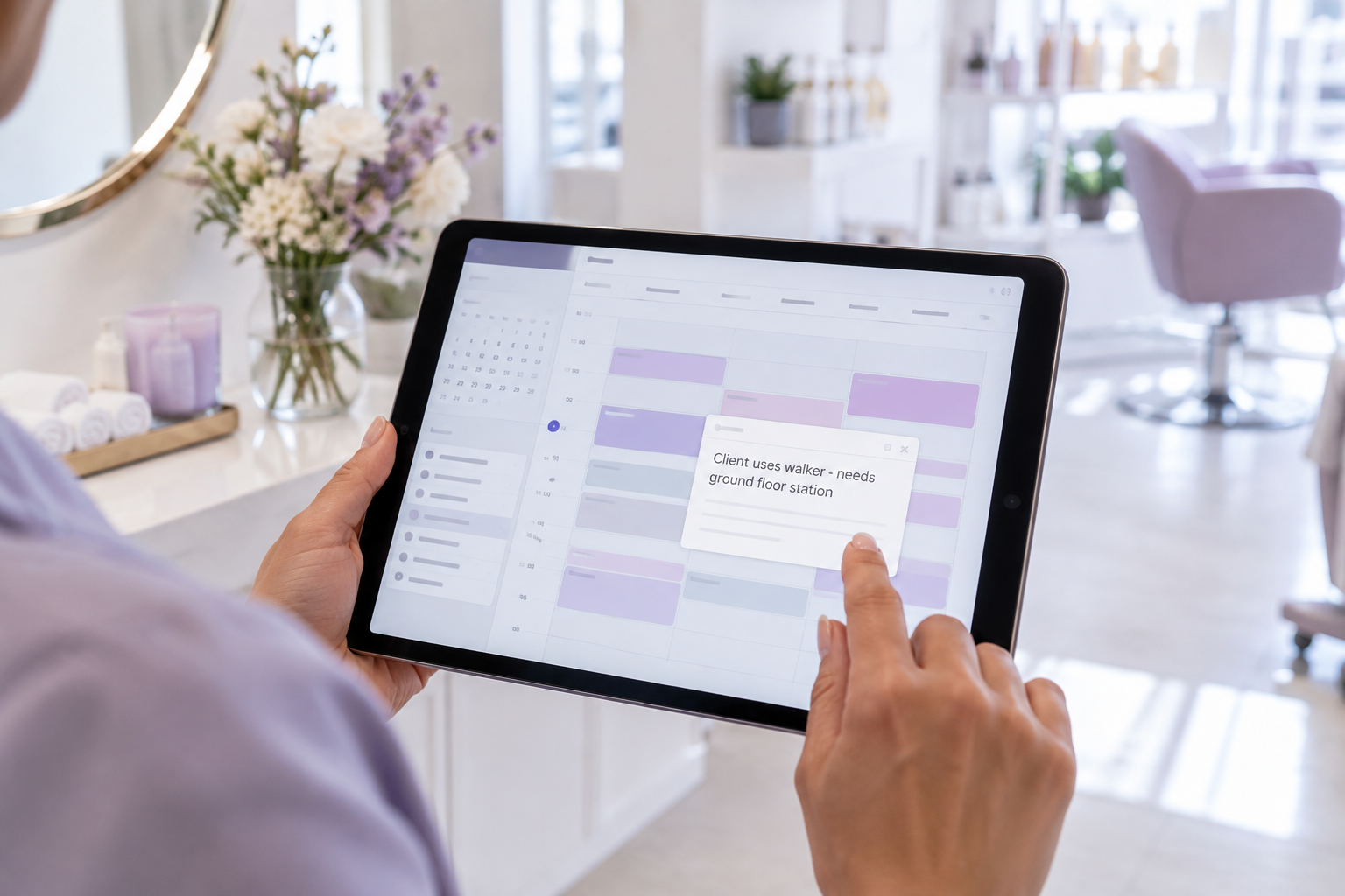 A tablet screen showing a clean scheduling interface with a note field that says 'Client uses walker