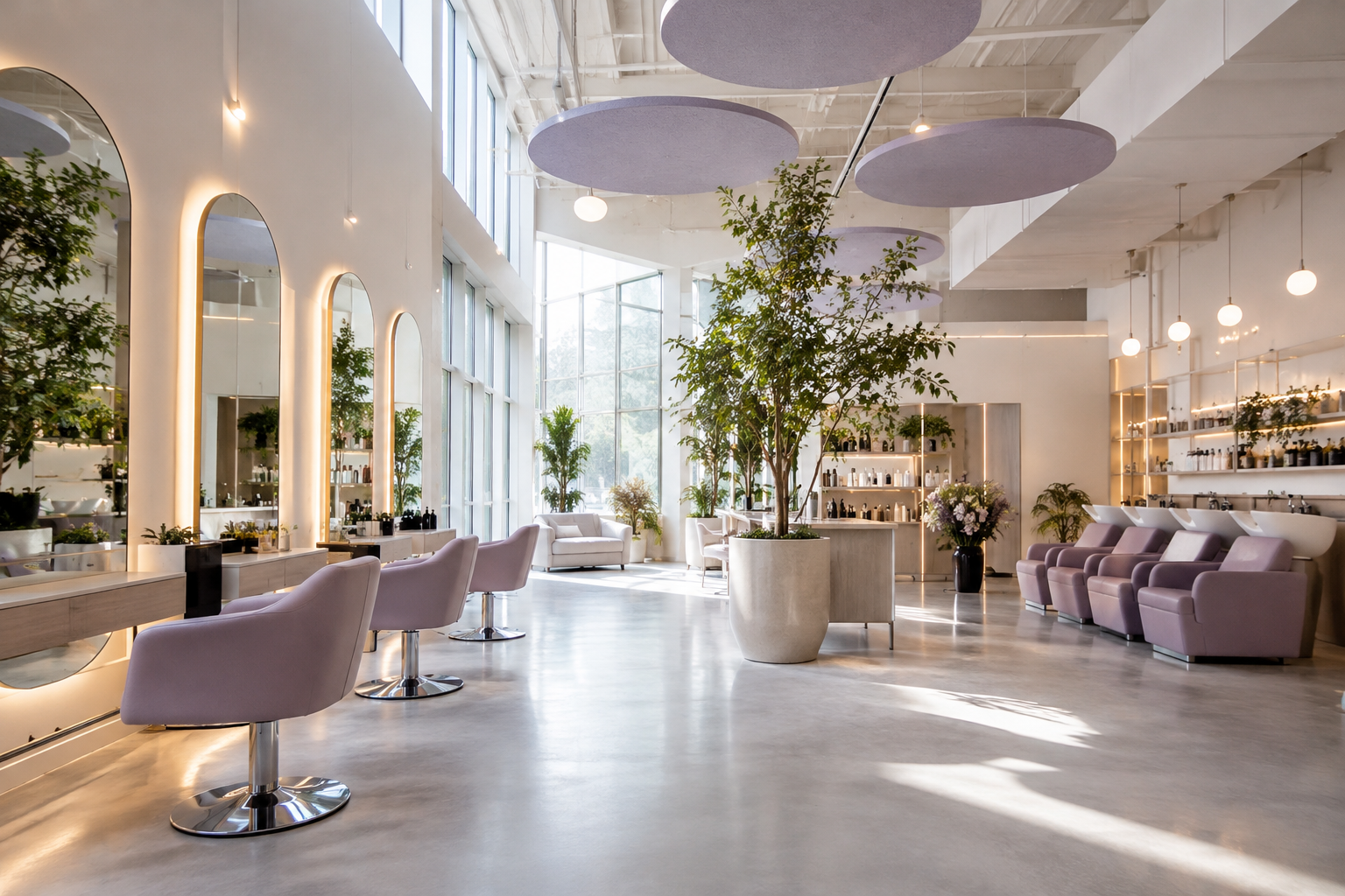 A modern hair salon with high ceilings, featuring decorative acoustic panels hanging from the roof, 