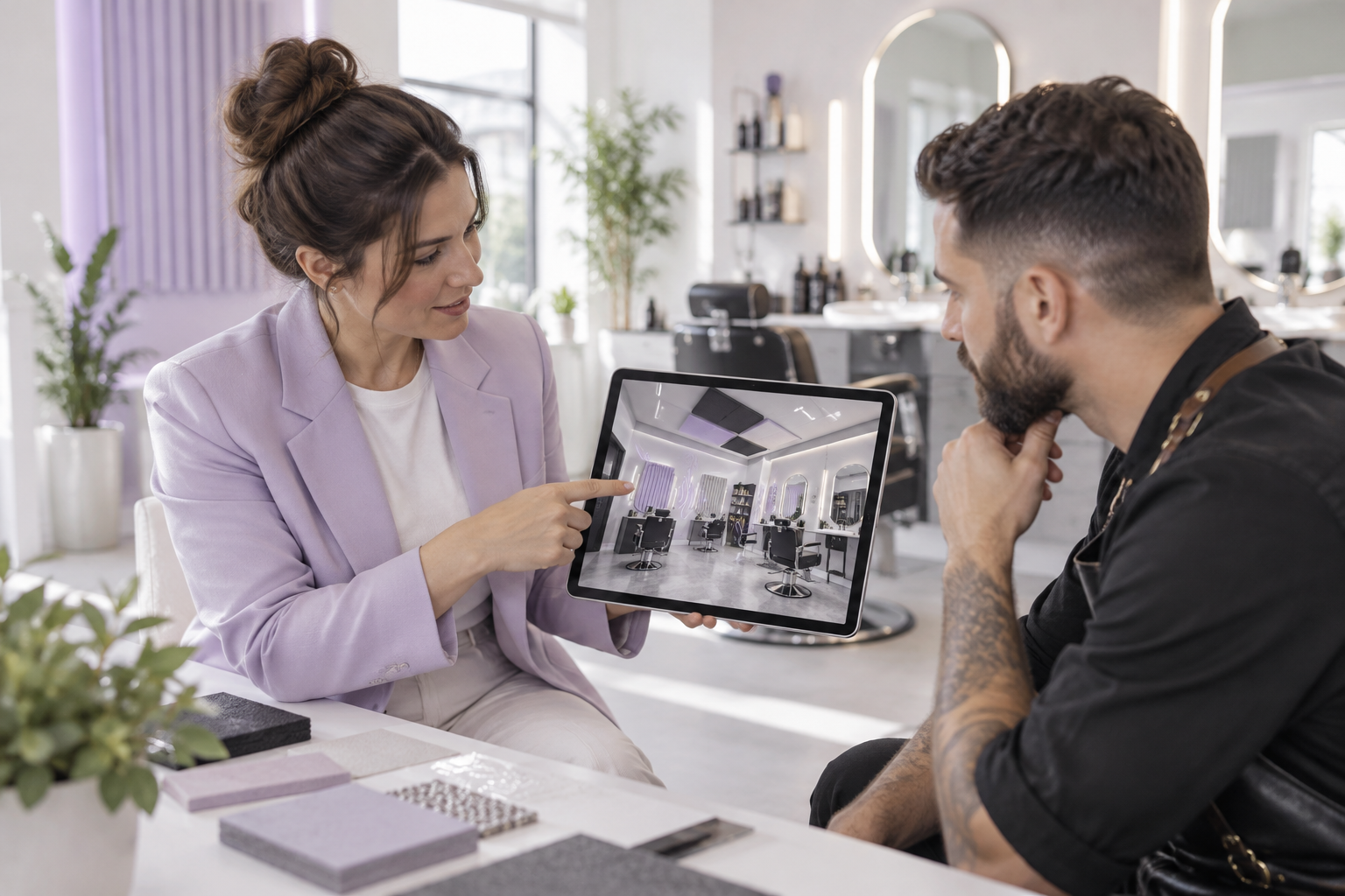 An interior designer showing an acoustic project on a tablet to a barbershop owner, pointing at a 3D