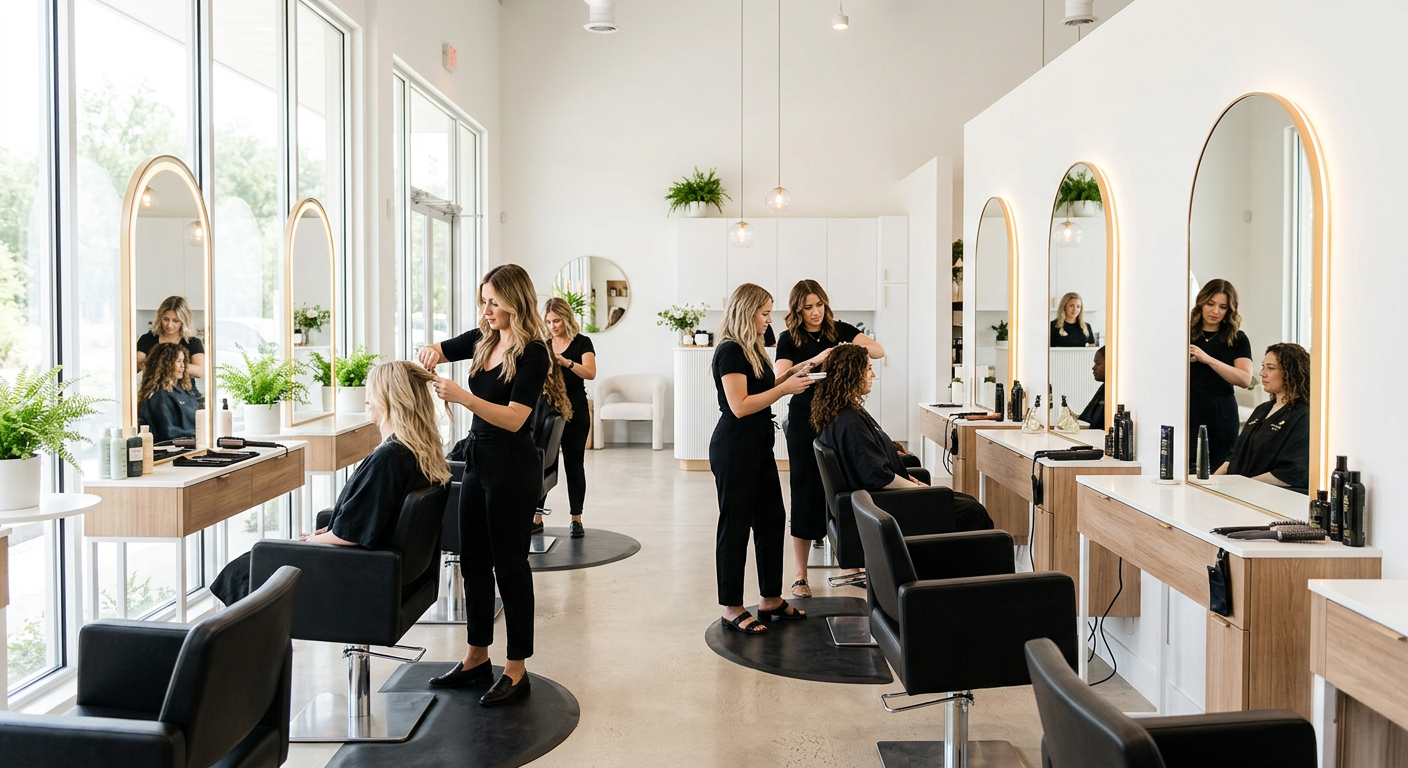 A professional beauty salon interior with multiple workstations, clean minimalist decor, and stylist
