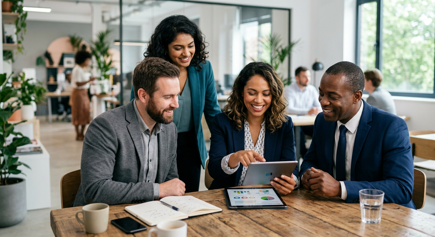 A team of professional service providers in a modern office or studio setting, looking at a tablet t