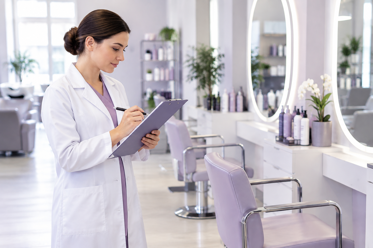 A professional health inspector in a white lab coat reviewing a checklist inside a clean, modern hai