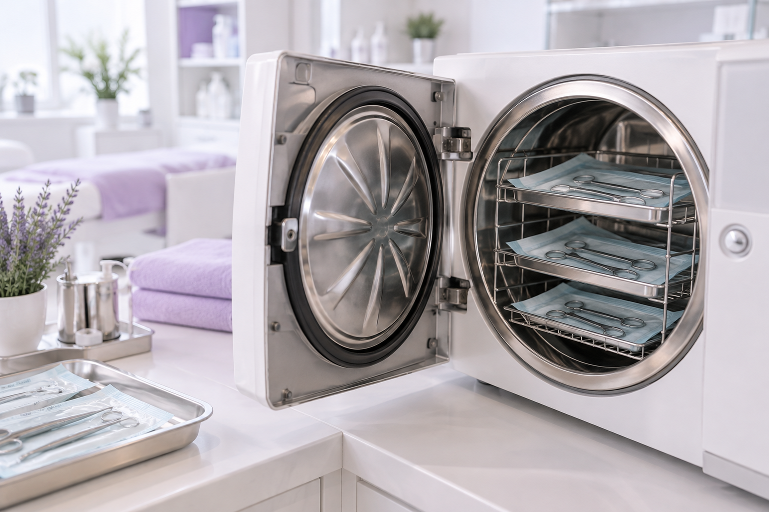 A close-up of a modern professional autoclave in a sterilization room of a beauty salon, with neatly