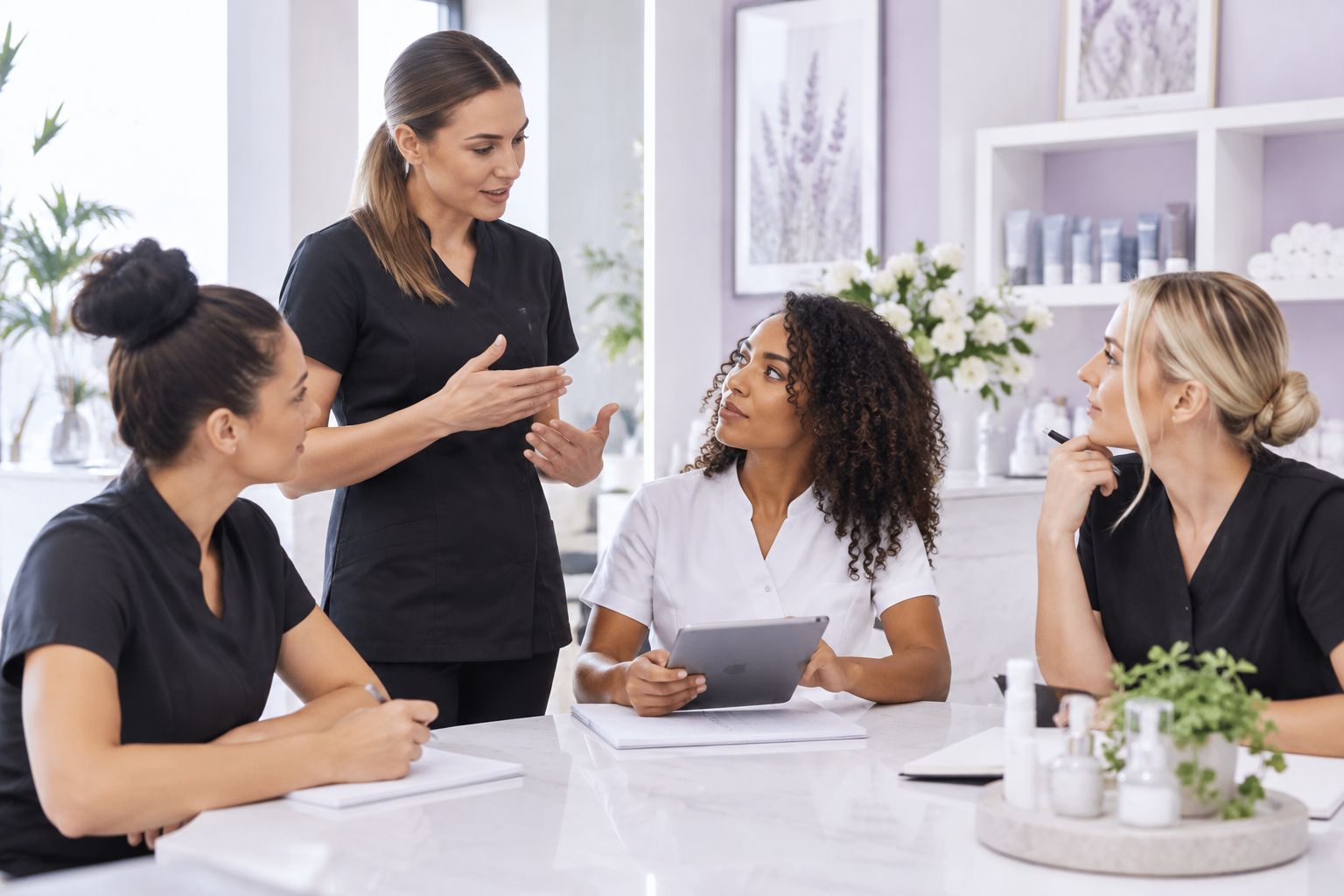 A diverse team of beauty professionals in a meeting room, taking notes on a tablet and discussing sa