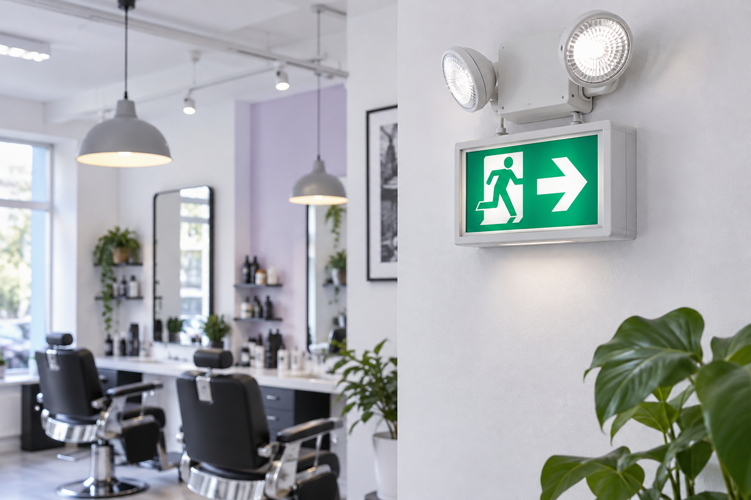 A close-up of a photoluminescent fire exit sign and an emergency light fixture installed on a clean 