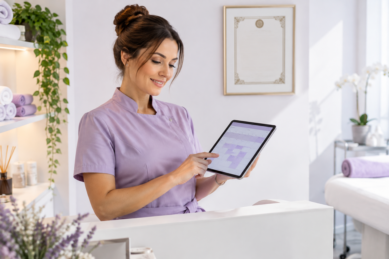 A business owner smiling and looking at a tablet showing a digital calendar, with a framed AVCB cert