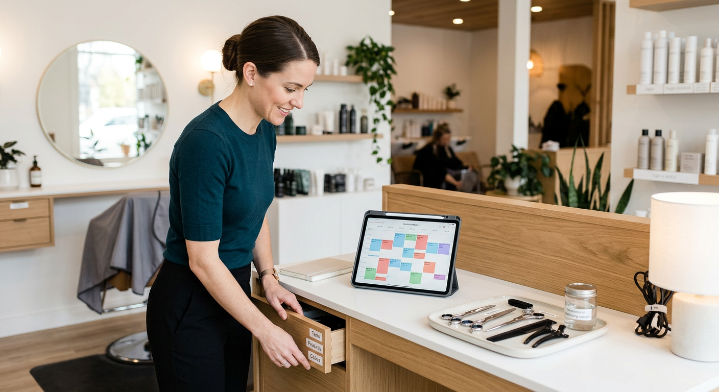 A professional organizer setting up a clean, minimalist workstation in a beauty salon, soft lighting
