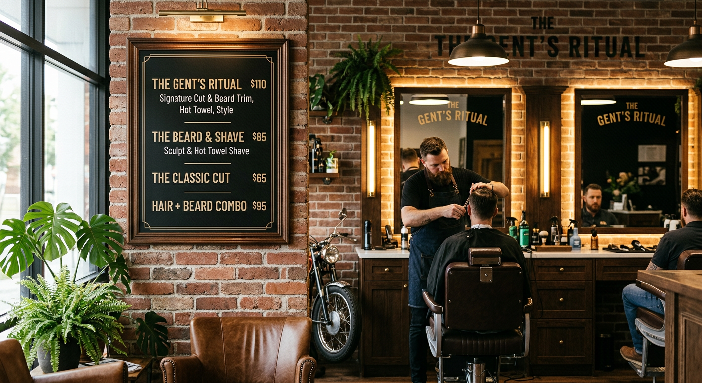 A modern barbershop interior with a stylish menu board listing service combos like 'Hair + Beard Rit