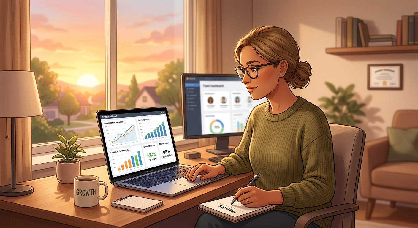 A business owner analyzing charts on a laptop screen showing growth metrics and service performance,
