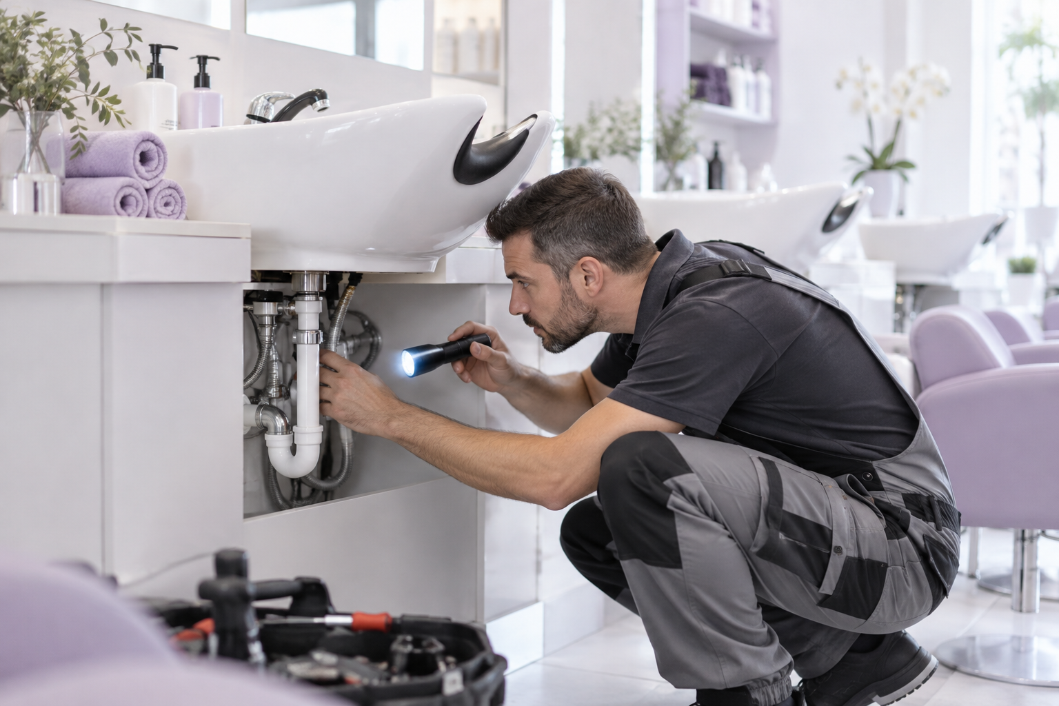 A professional plumber inspecting the pipes under a salon hair wash station with a flashlight, focus