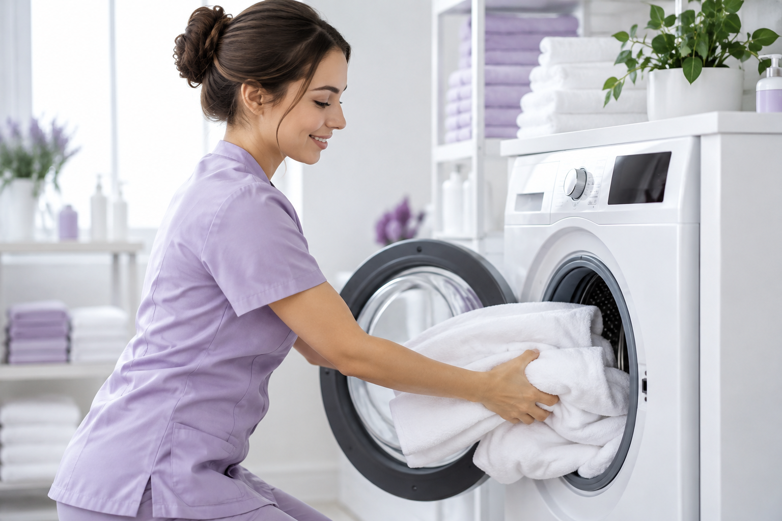 A salon assistant placing a full load of white towels into a modern high-efficiency front-load washi