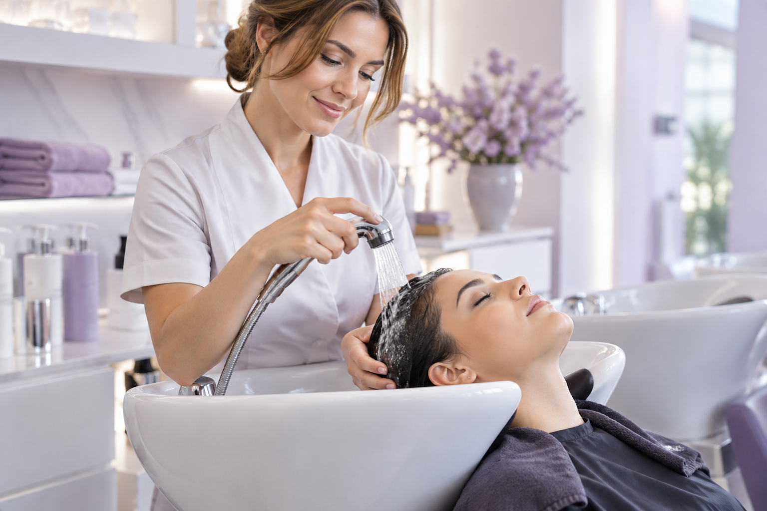 A stylist using a water-saving spray nozzle to rinse a client's hair, precise water flow, luxury sal