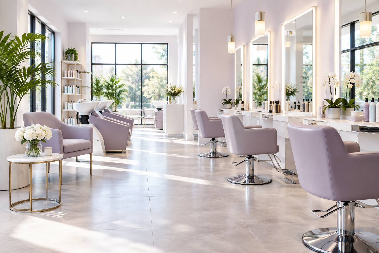A modern hair salon interior with several styling stations, professional equipment, and large window