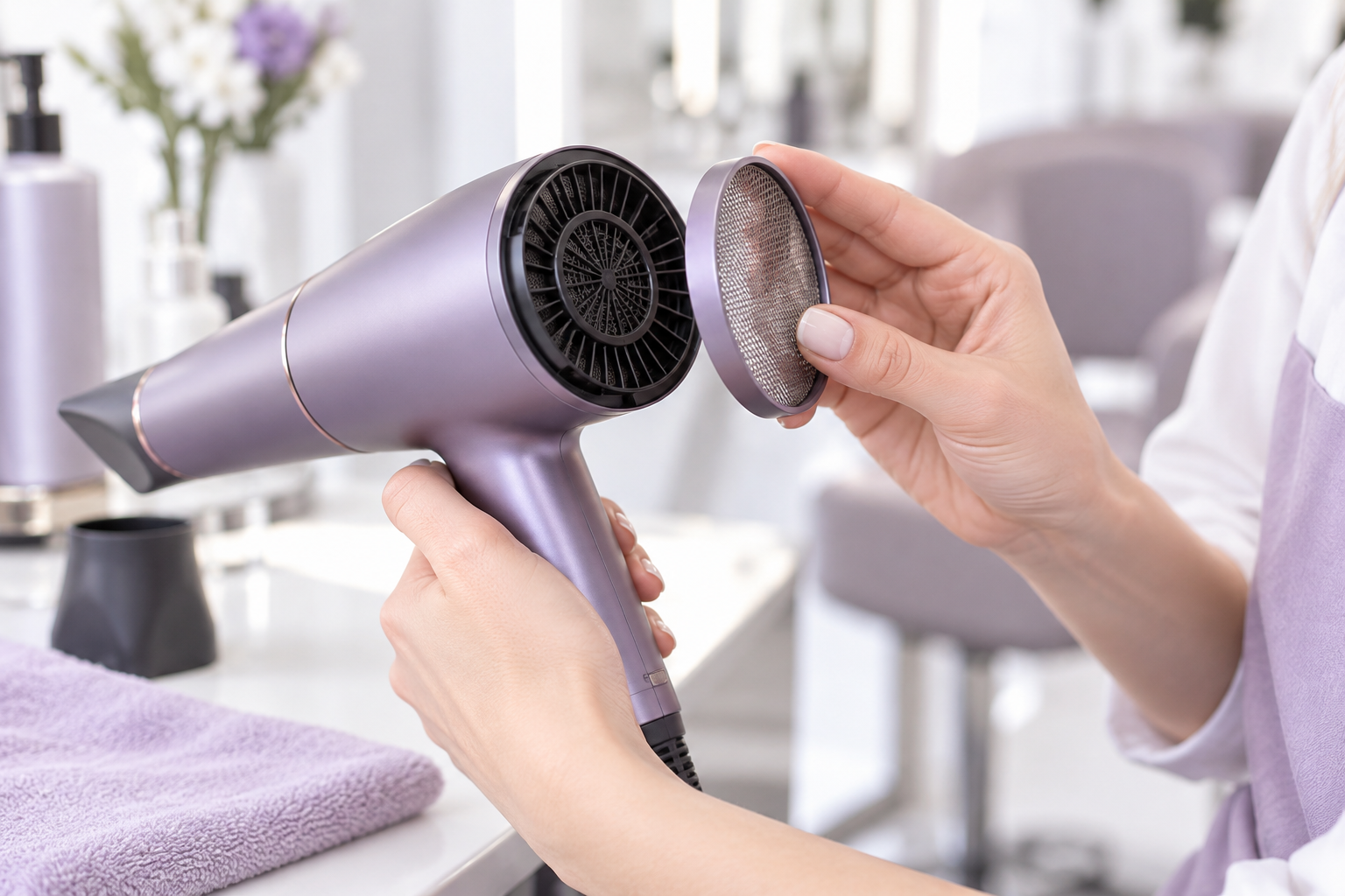 A close-up of a stylist's hands cleaning the filter of a professional hair dryer, bright studio ligh