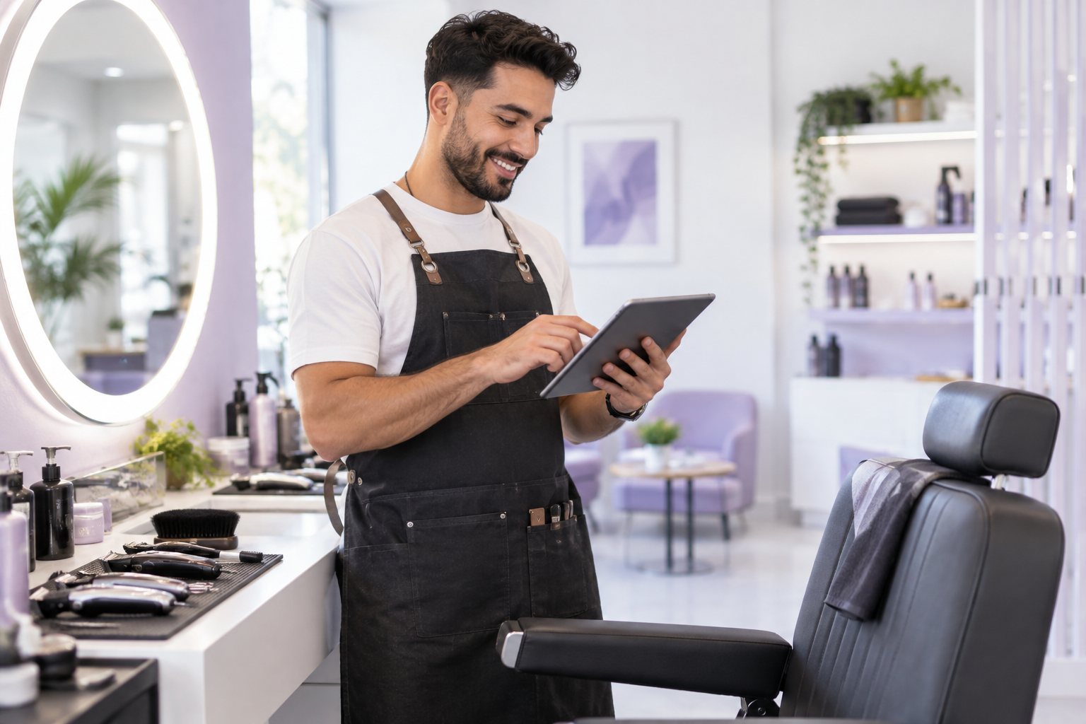 A smiling barber at his station, using a tablet to manage appointments while a modern, energy-effici