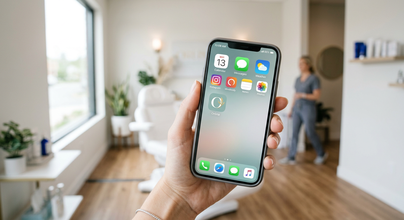 A close-up shot of a hand holding a modern smartphone in a bright aesthetic clinic, showing the Orli