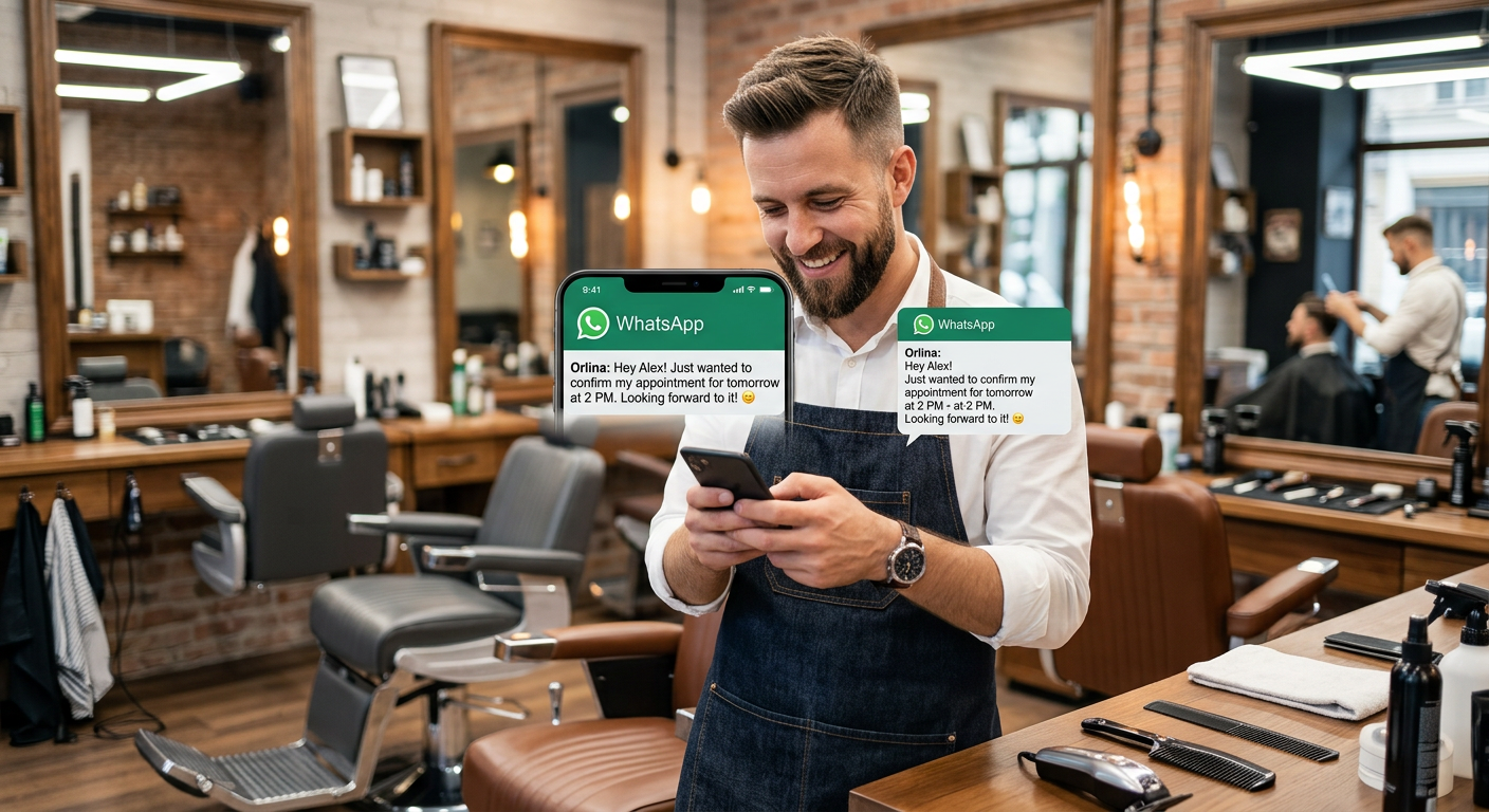 A professional barber in a modern shop looking at his smartphone with a smile, a WhatsApp notificati