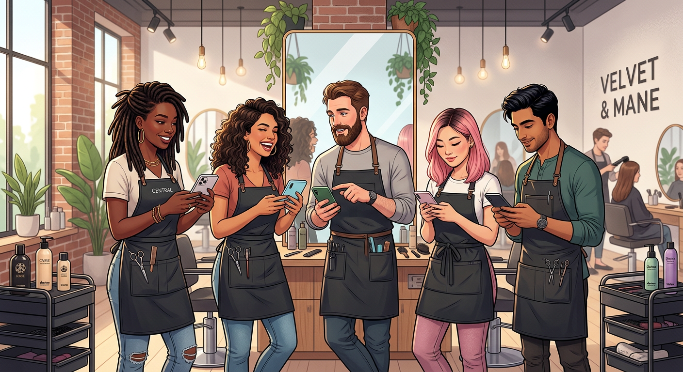 A diverse team of hair stylists in a trendy salon, each checking their own smartphones between clien