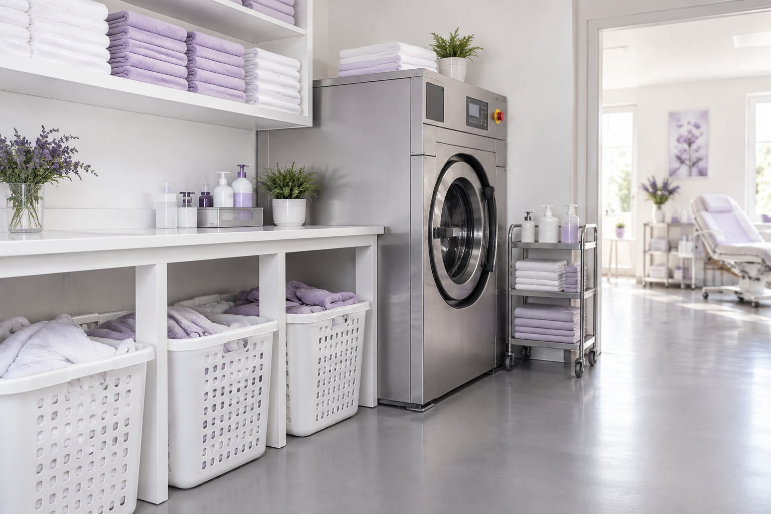 A professional laundry area in a beauty salon with organized baskets for dirty towels and a modern i