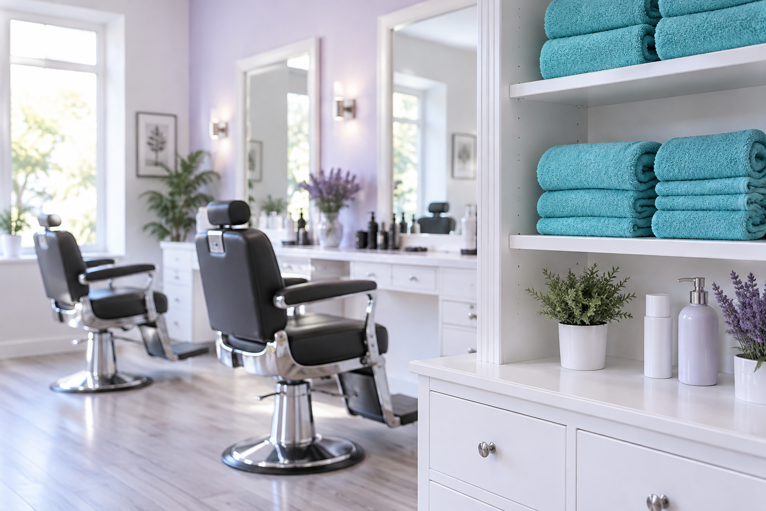 A clean, white wooden cabinet filled with perfectly folded turquoise towels in a bright, modern barb