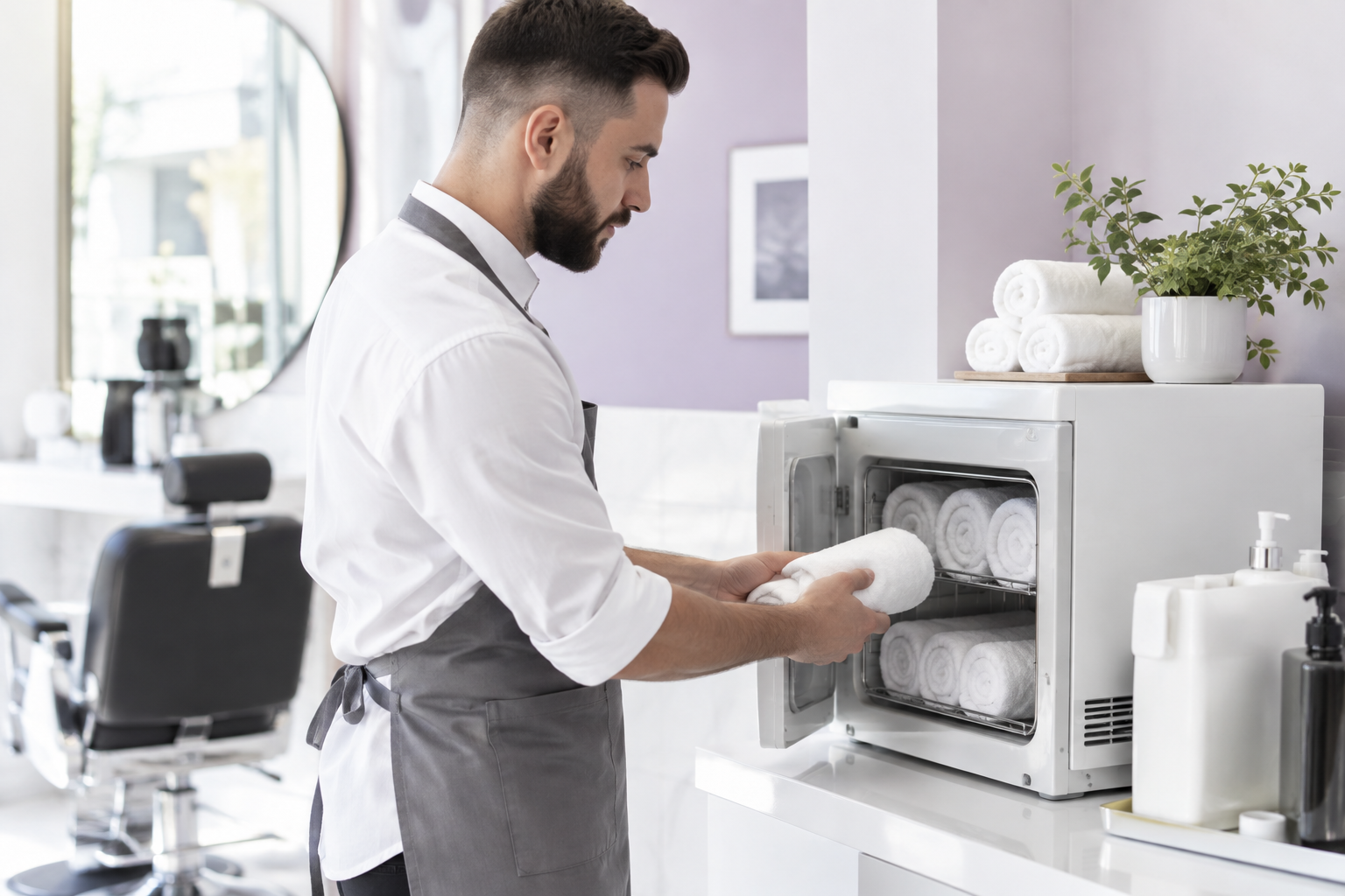 A barber placing a rolled white towel into a specialized towel warmer, focus on the clean profession