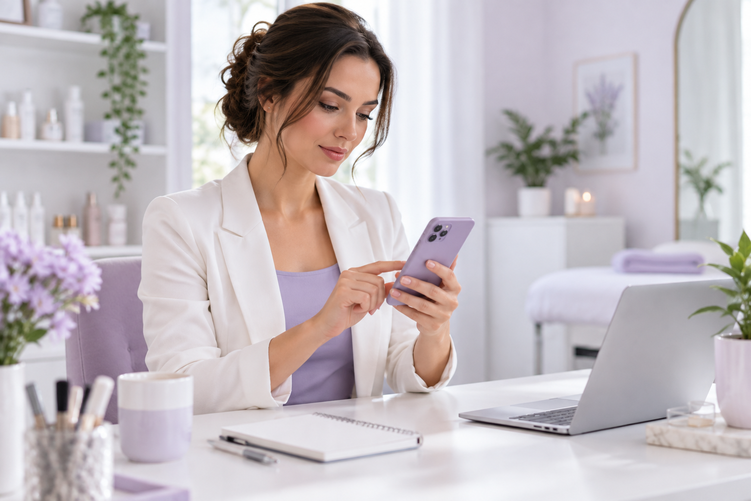A professional service provider sitting at a modern desk, carefully checking the security settings o