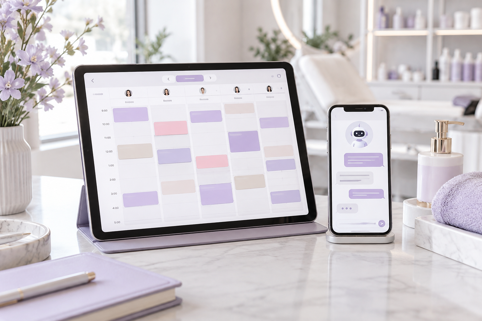 A tablet showing a professional and organized digital scheduling grid with different appointment tim