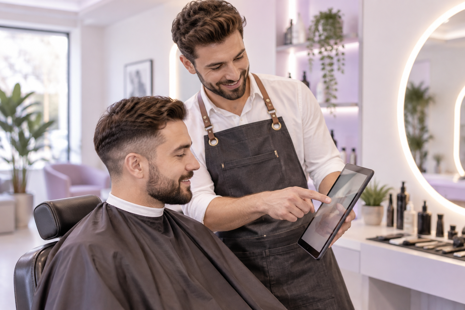 A professional barber showing a new price list on a tablet to a customer during a haircut, modern ba