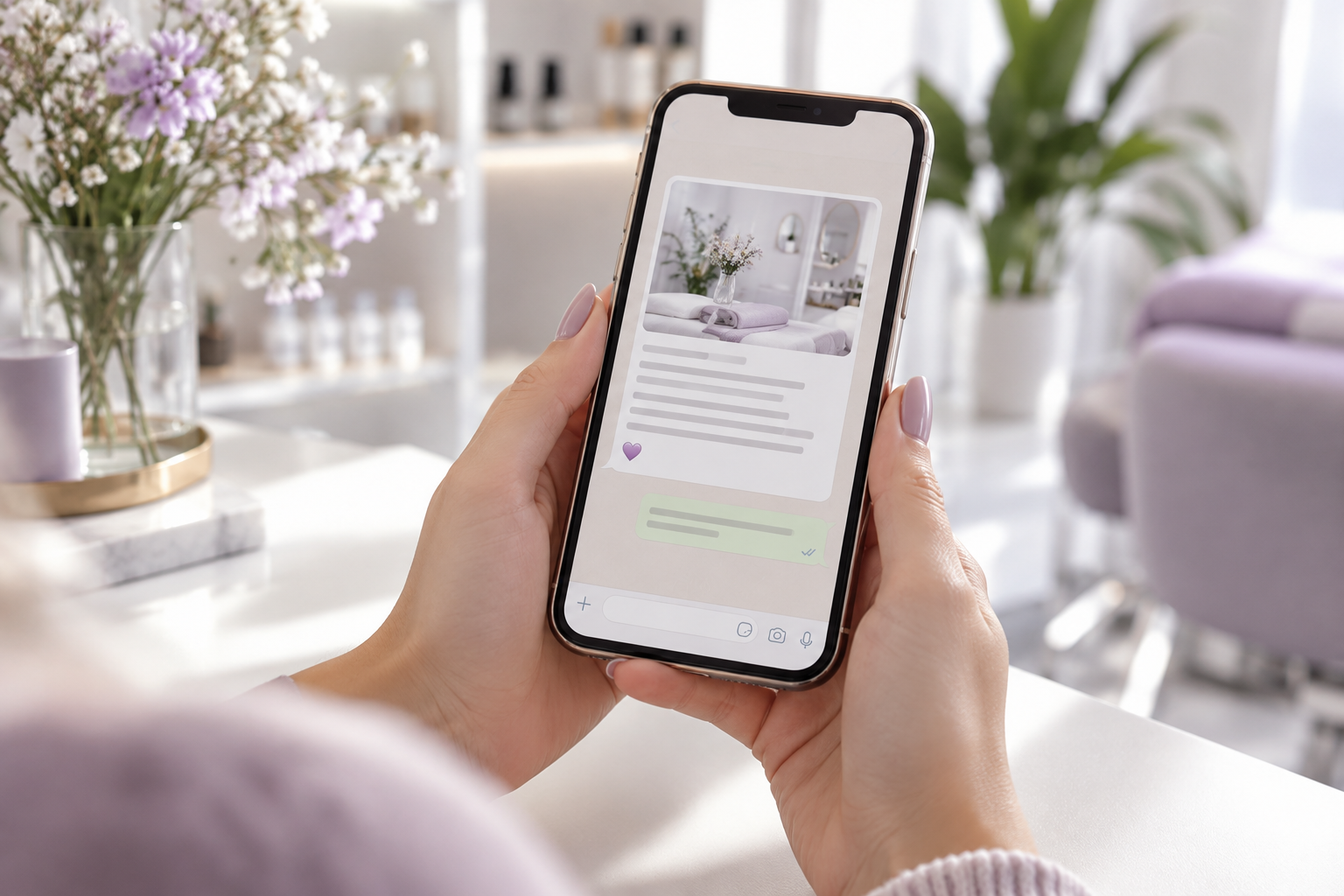 A close-up of a smartphone screen displaying a professional WhatsApp message from a beauty salon inf