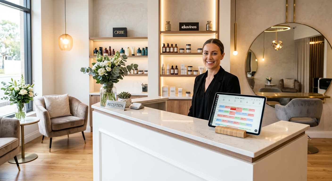 A professional beauty salon interior with a clean, modern reception desk, a tablet showing an appoin