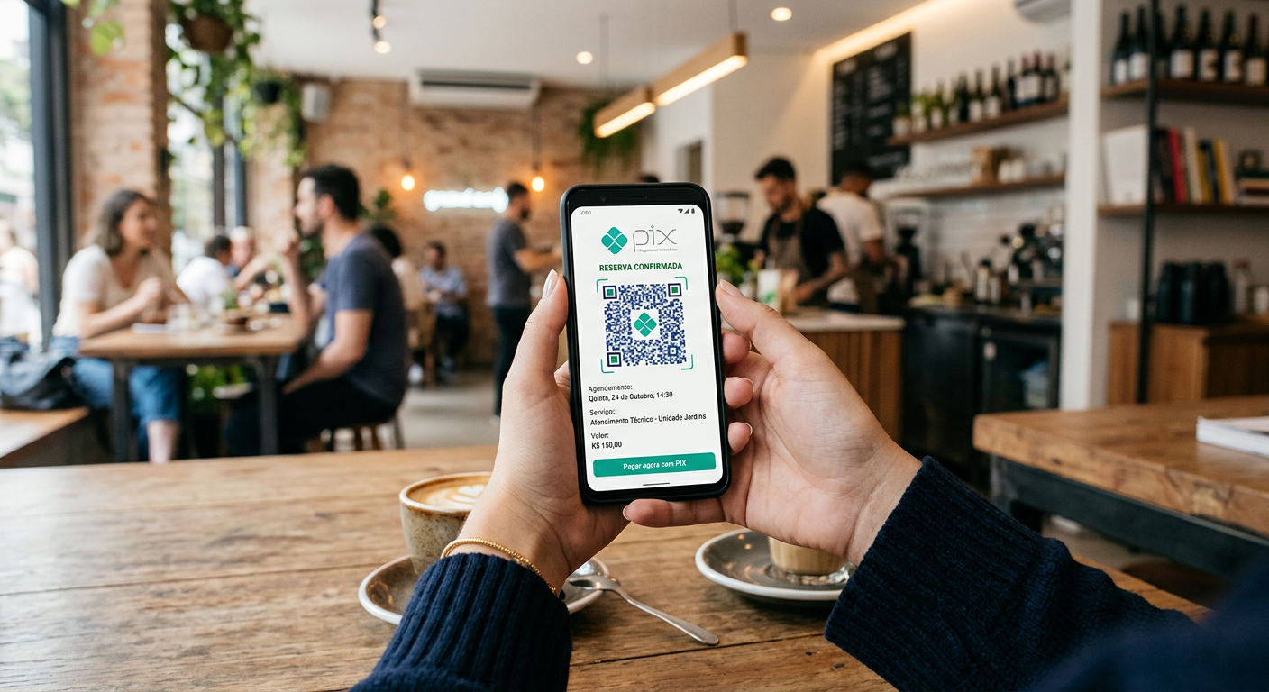 A close-up of a smartphone screen displaying a PIX QR Code for a service reservation, held by a cust