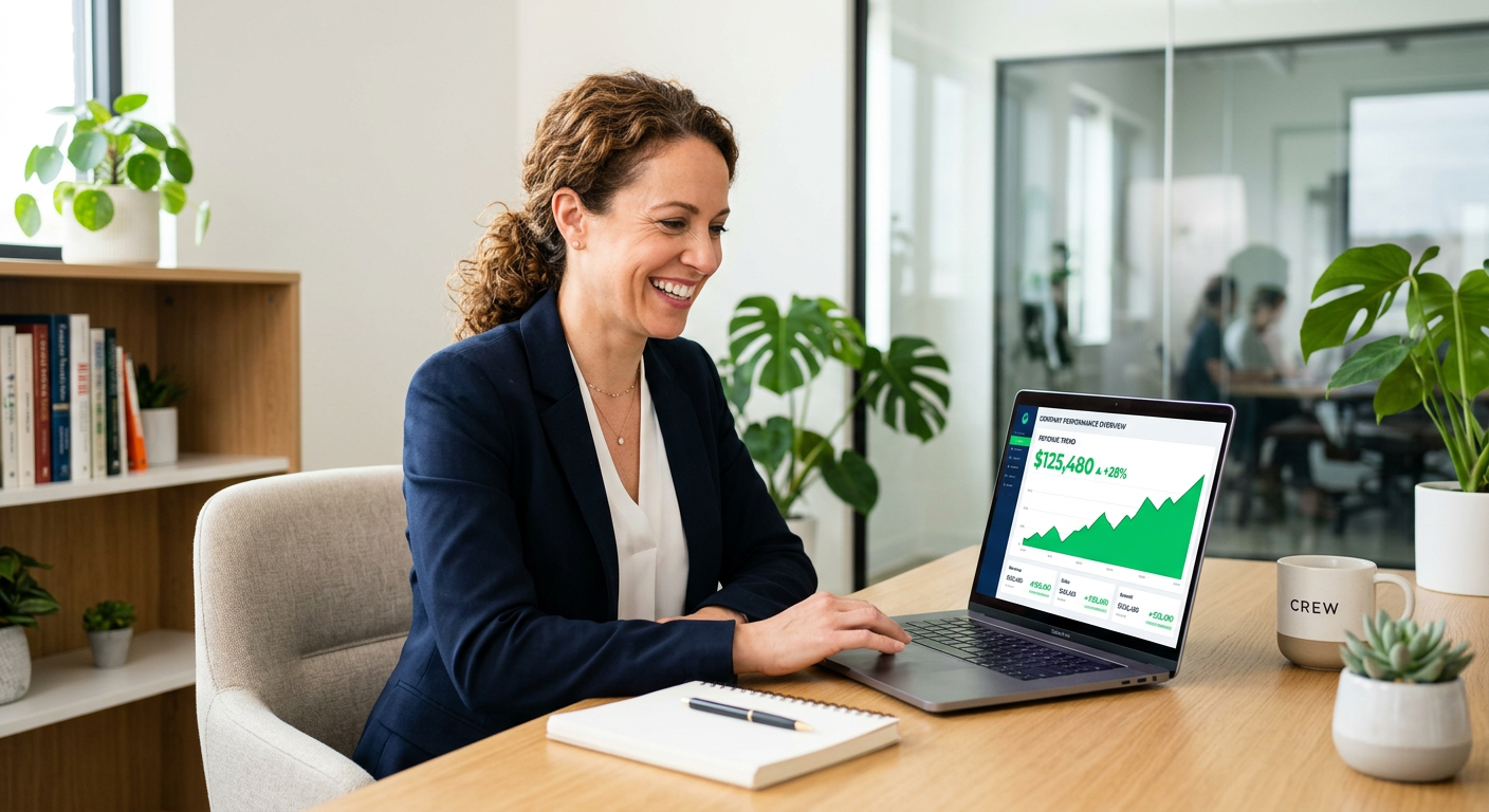 A business owner smiling while looking at a revenue dashboard on a laptop, showing a green upward tr