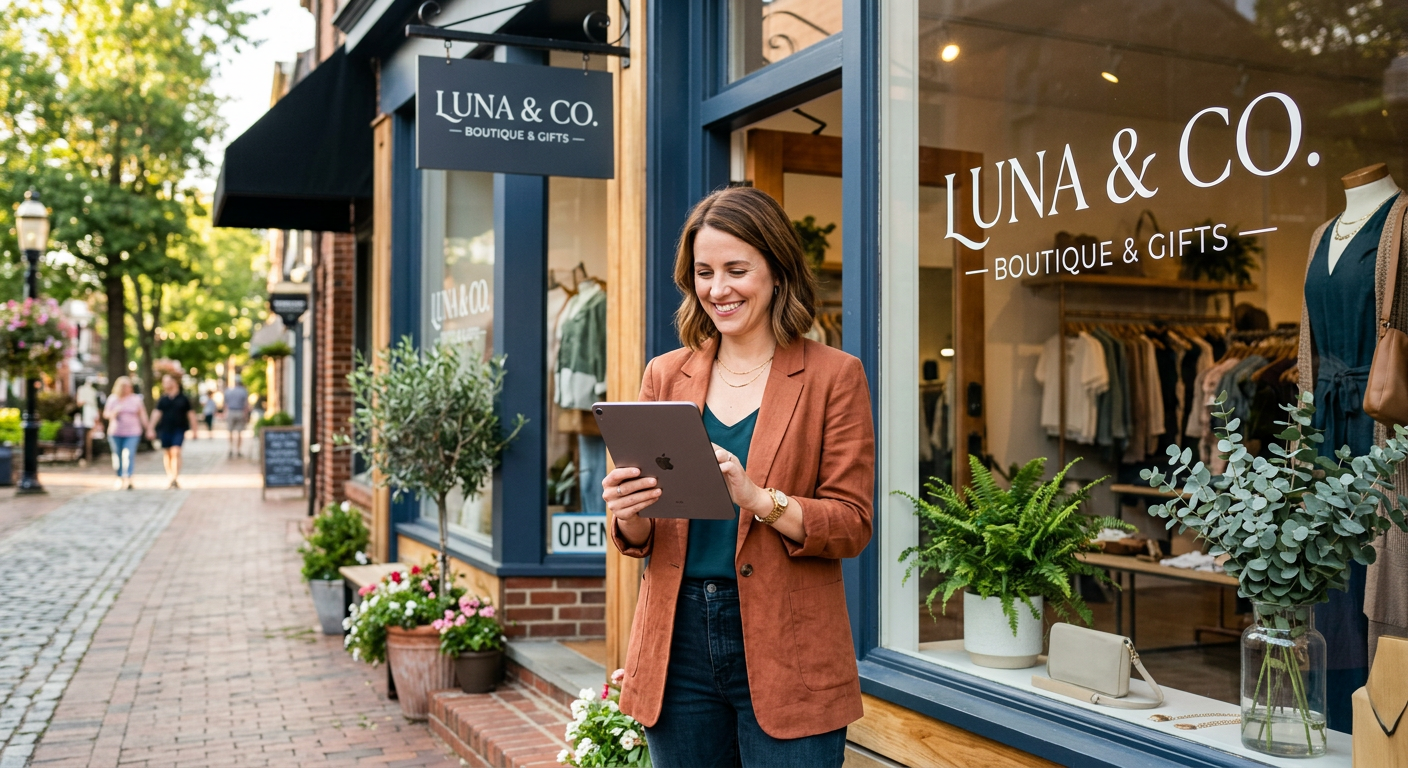 A happy small business owner standing in front of their boutique or salon, holding a tablet and smil