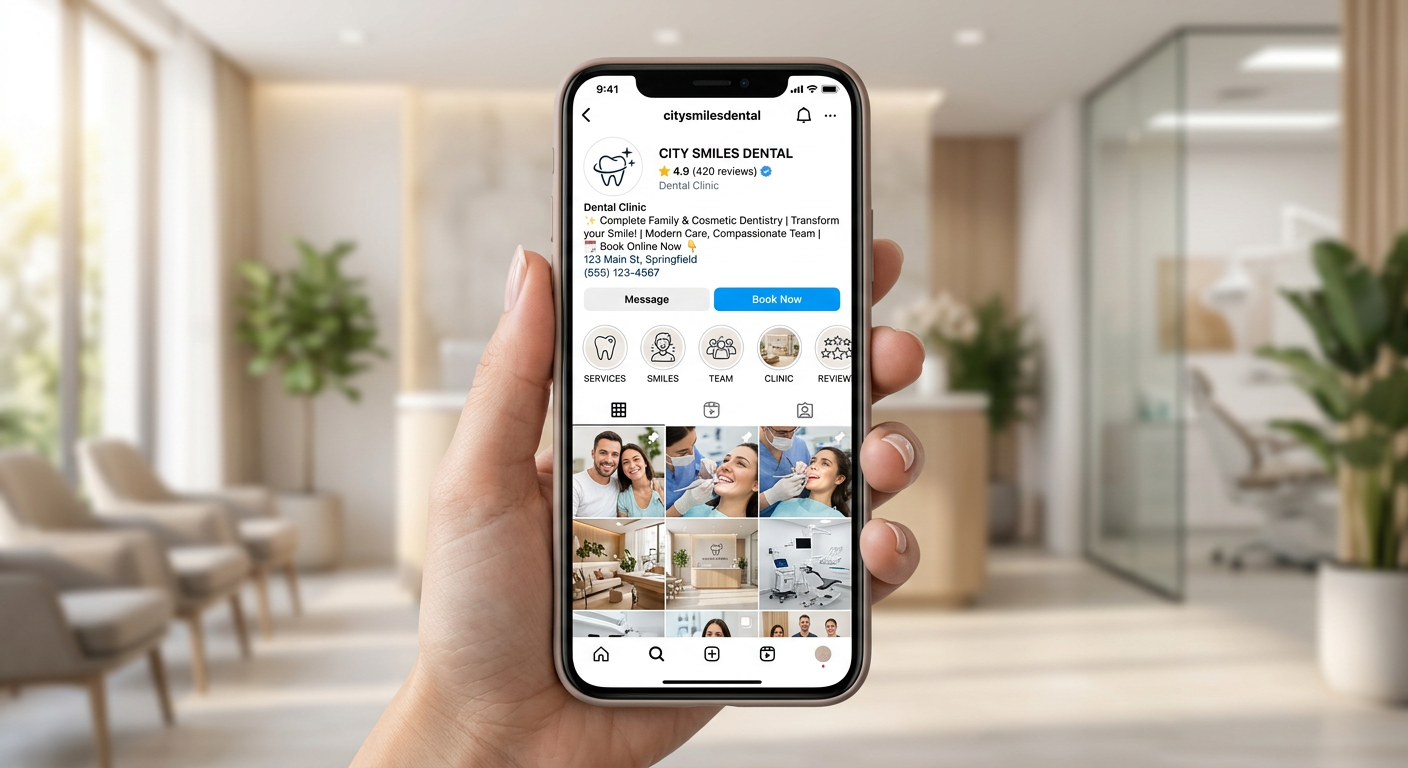 A professional smartphone screen displaying a perfectly optimized Instagram business profile for a d