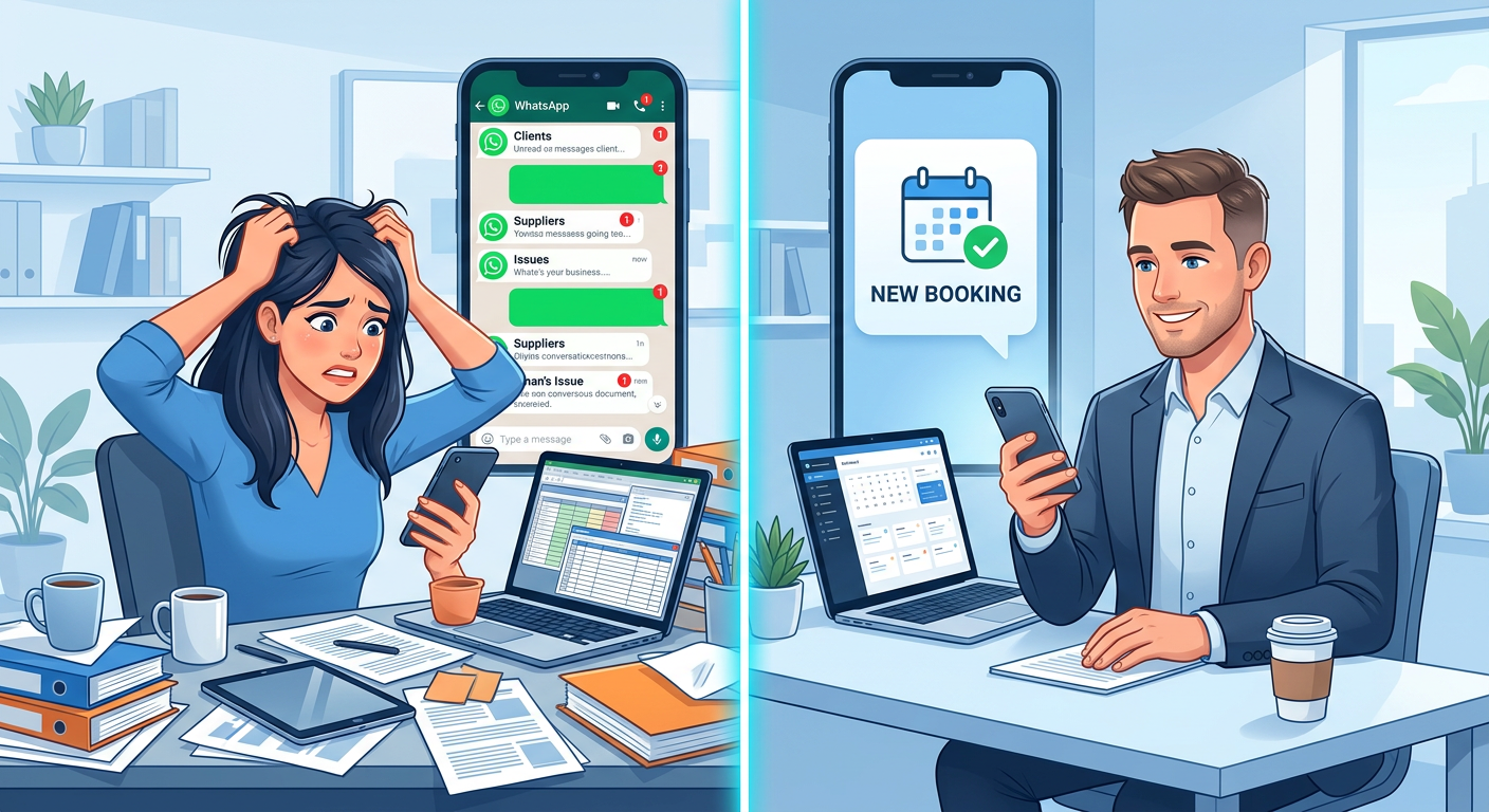 A split screen illustration: on one side, a disorganized entrepreneur struggling with messy WhatsApp