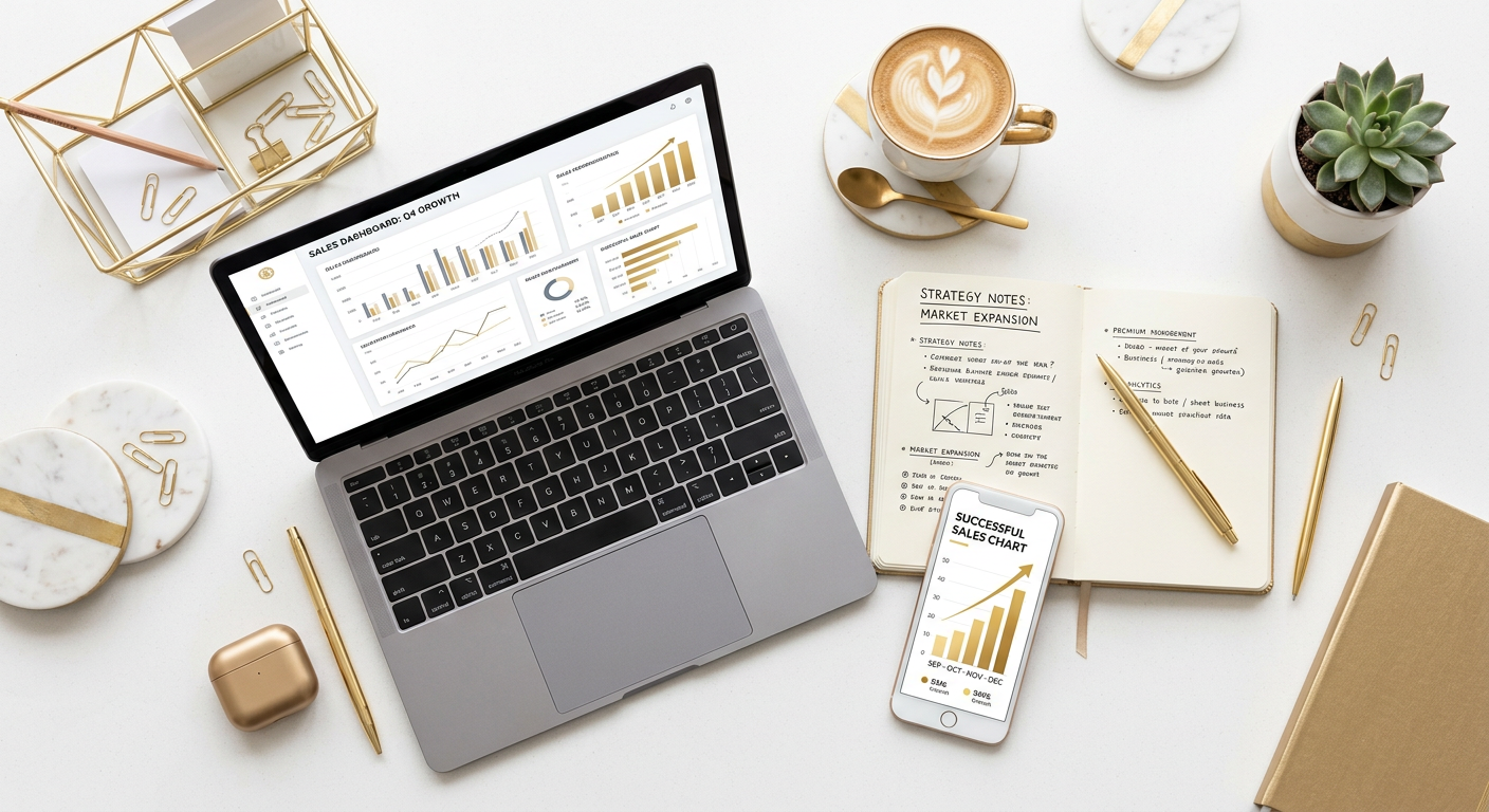 A dynamic flat-lay of a workspace containing a laptop, a notebook with strategy notes, a cup of coff