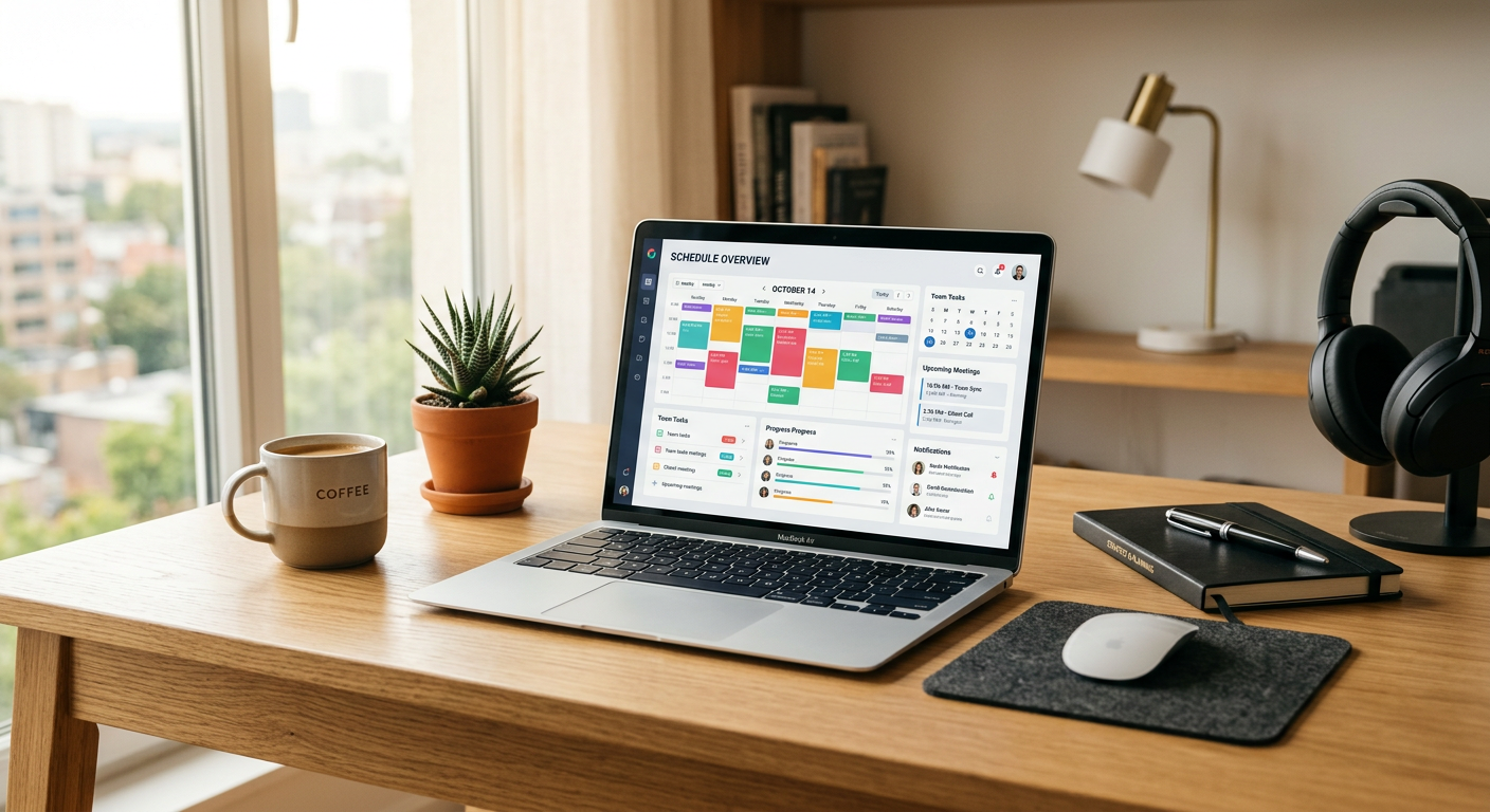 A modern office desk with a laptop showing a professional scheduling dashboard, warm natural lightin