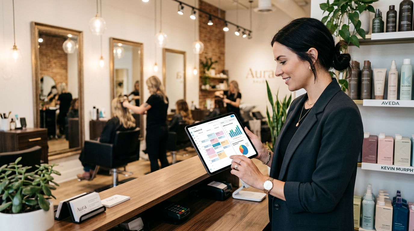 A professional salon owner in a modern studio environment checking a tablet showing an organized cal