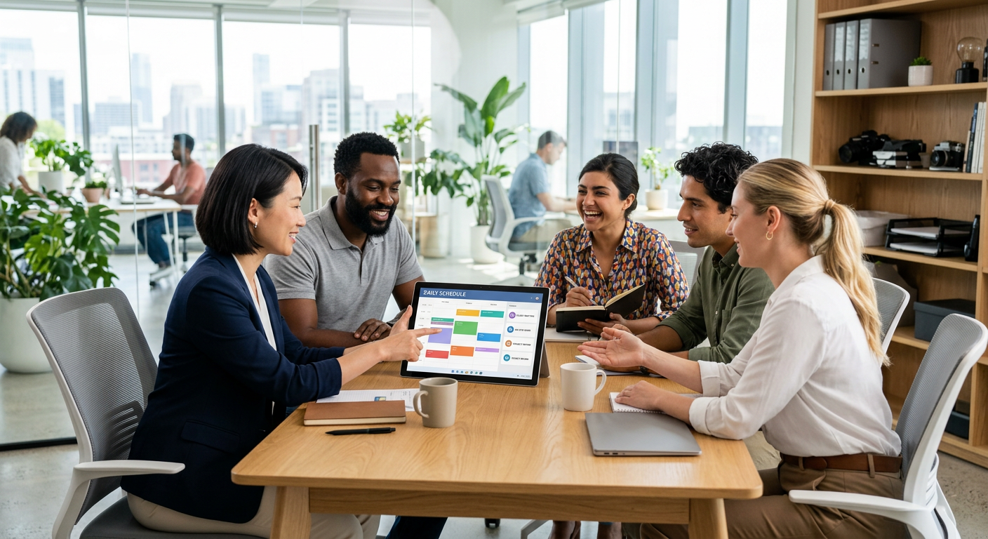 A diverse team of service professionals collaborating around a tablet showing their daily schedule i
