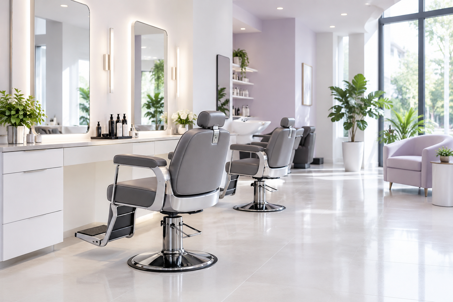 A clean, well-lit barbershop with minimalist decor, showing the floor and corners free of dust or ha