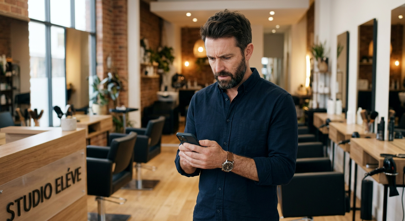 A stressed small business owner in a modern studio looking at his smartphone with a worried expressi