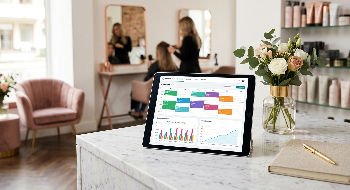 A sleek, modern tablet displaying the Orlina dashboard with colorful scheduling blocks and revenue c