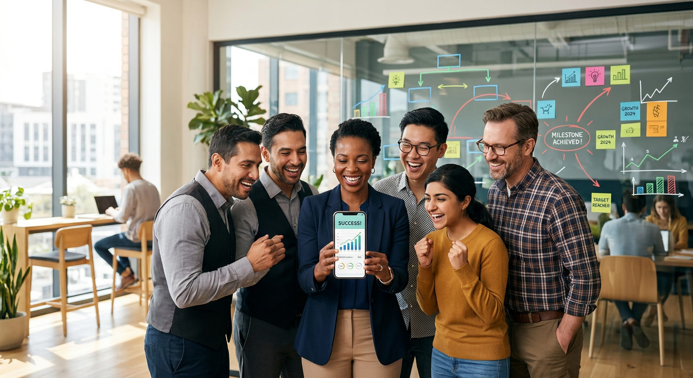 A diverse team of professionals in a bright office space, smiling and looking at a smartphone togeth