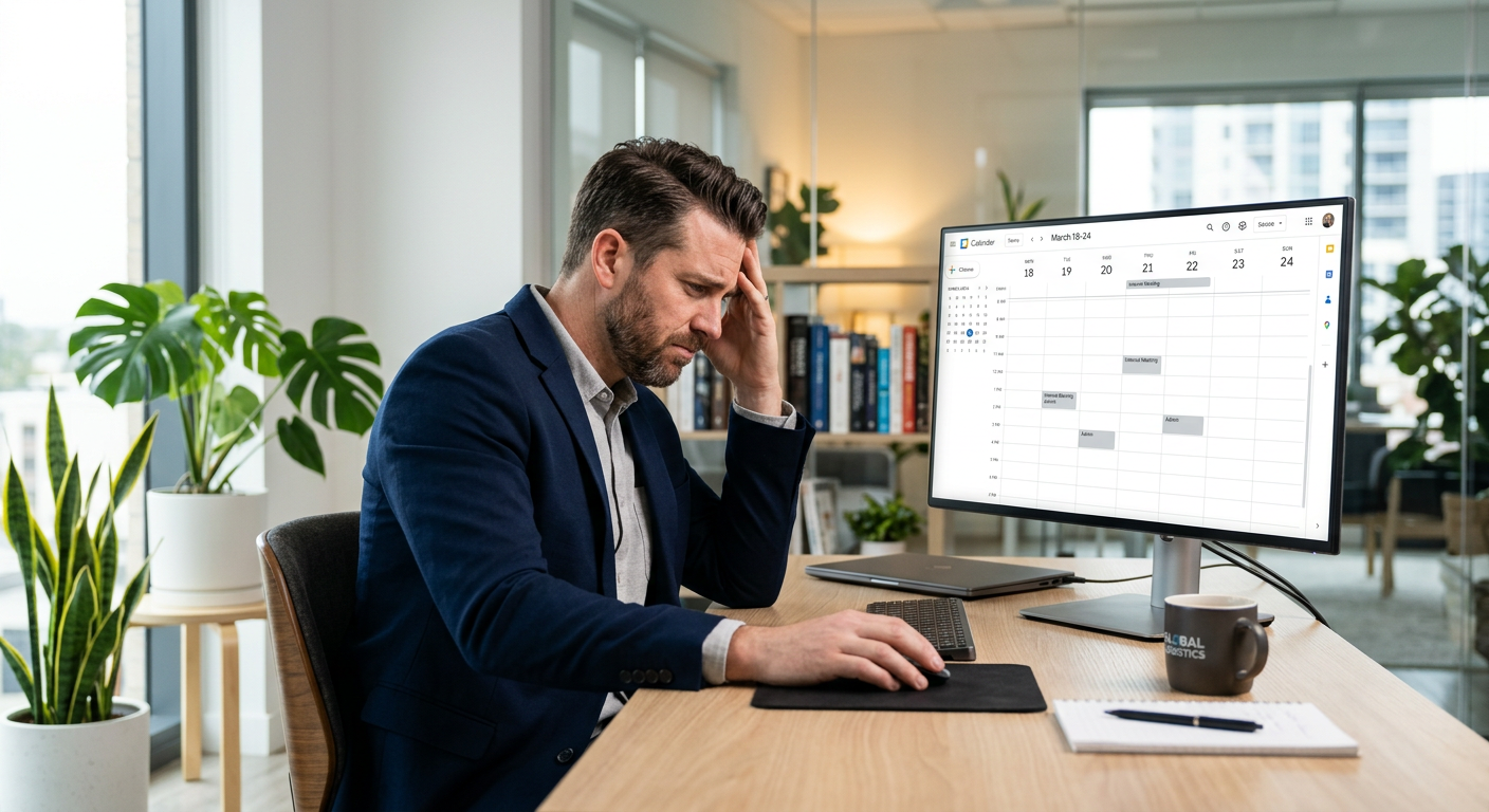 A disappointed professional looking at a digital calendar with many empty slots in a modern, well-li