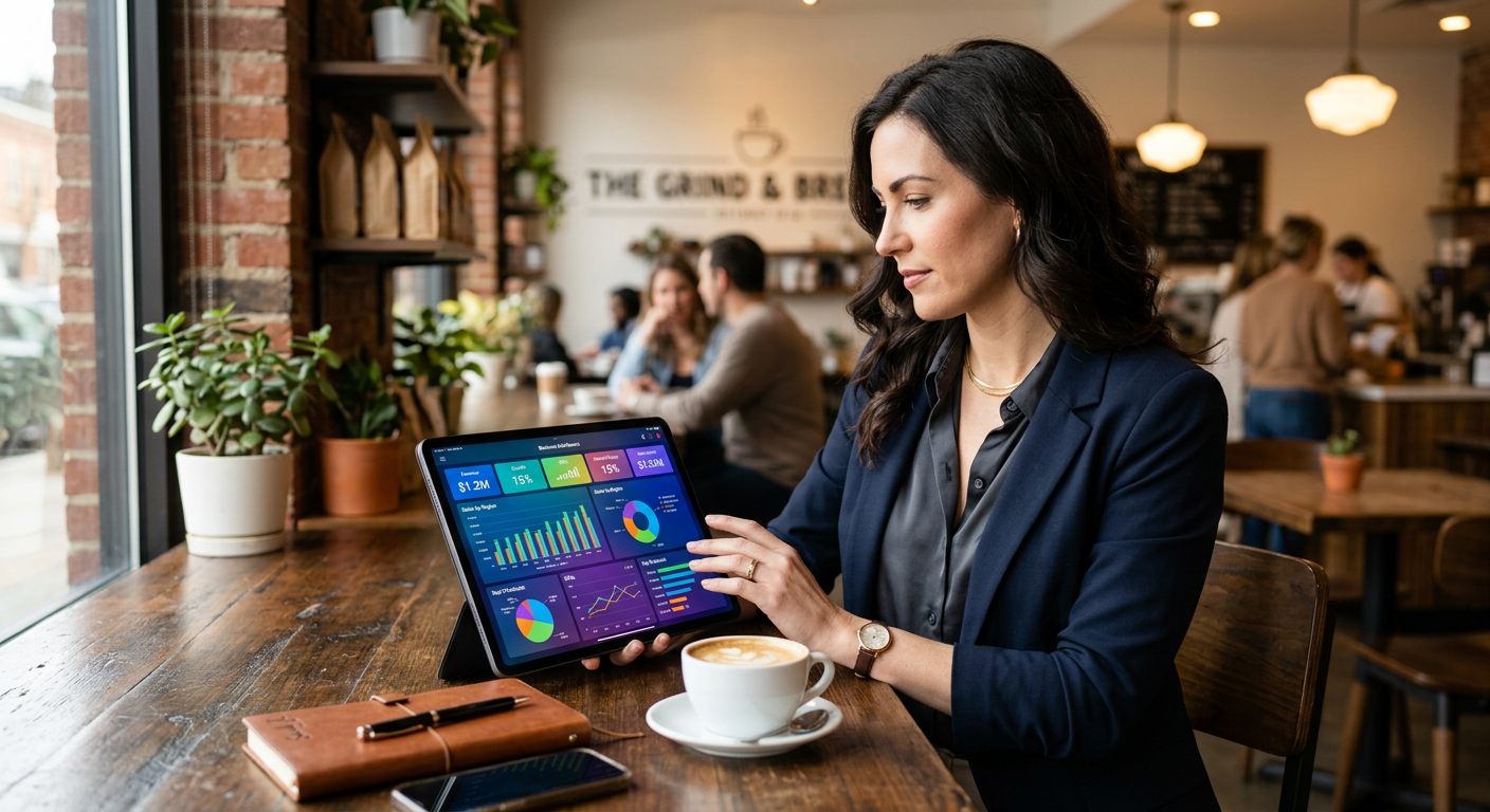 A business owner analyzing a colorful revenue dashboard on a tablet in a stylish coffee shop, lookin