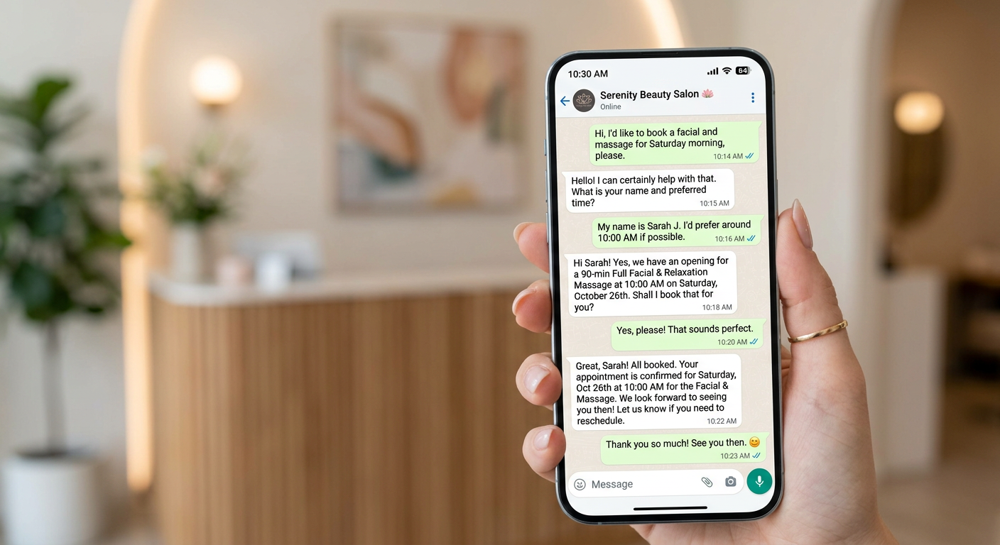 A close-up of a smartphone screen showing a friendly WhatsApp conversation where an AI assistant con