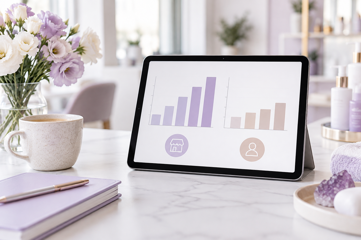 A tablet showing a comparison chart between business revenue and personal income, professional aesth