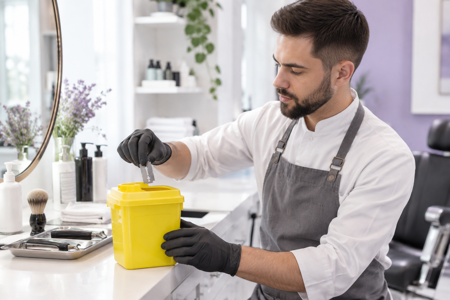 A professional barber carefully placing a used razor blade into a yellow rigid biohazard disposal co