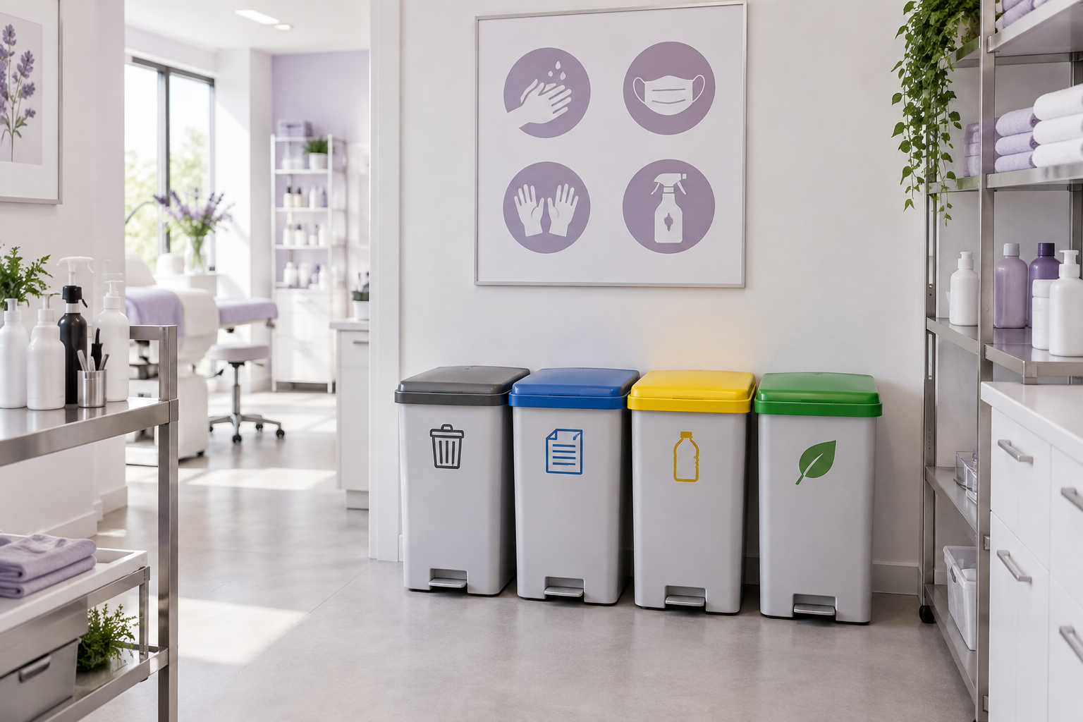 A clean and organized back-office area of a beauty salon showing clearly labeled waste bins for diff